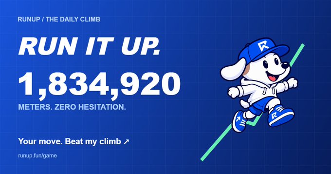 A promotional graphic for 'RUNUP / THE DAILY CLIMB' showing a result of '1,834,920 METERS. ZERO HESITATION.' with the text 'Your move. Beat my climb' and URL 'runup.fun/game'.