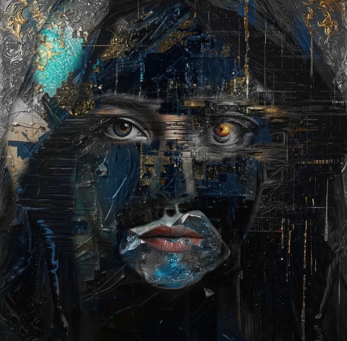 A dark, surreal digital artwork depicting a face composed of fragmented, glitchy textures, blue and gold tones, and a candle dripping over the lips.