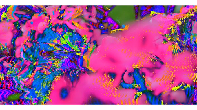 An abstract, psychedelic image with vibrant pink, blue, green, and yellow swirling patterns that appear warped and glitchy.