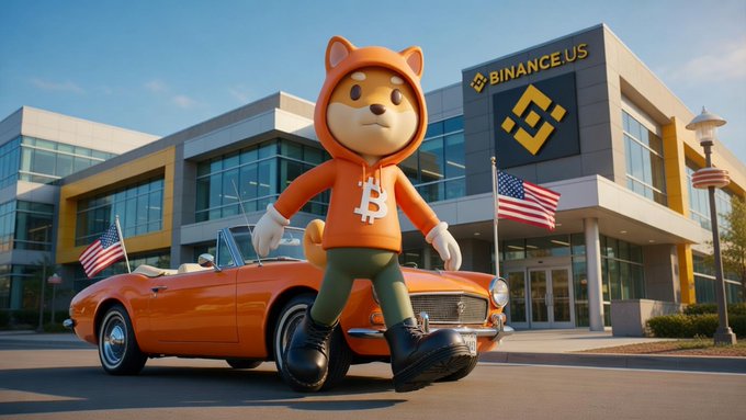 A cartoon Shiba Inu mascot wearing an orange hoodie with a Bitcoin logo stands in front of a "BINANCE US" building beside an orange convertible, with American flags flanking the entrance—visually tying the $DOG coin mascot to Binance US's Bitcoin onboarding message.