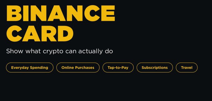 The image is a promotional graphic for the **BINANCE CARD**, featuring the tagline "Show what crypto can actually do" along with category tags: Everyday Spending, Online Purchases, Tap-to-Pay, Subscriptions, and Travel. It visually supports the accompanying post's message about using crypto for real-world transactions, highlighting key benefits like global merchant access (90M+) and cashback rewards.