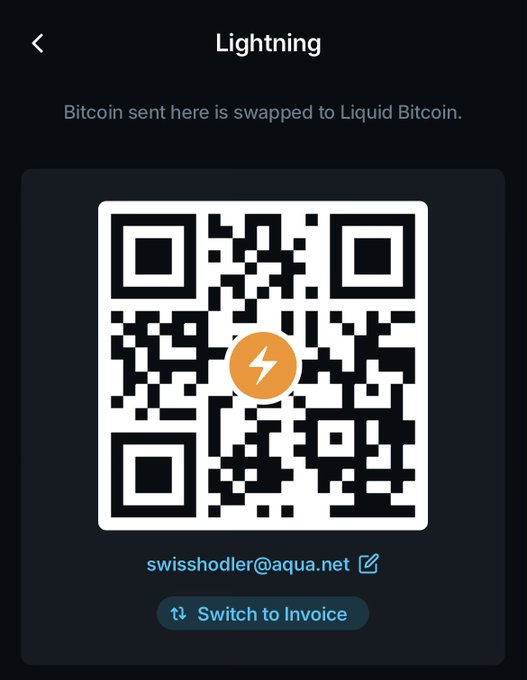The image shows a screenshot of a QR code on a mobile device, which contains the message "Lightning" from the Bitcoin app, followed by the word "Liquid" as well. The code also includes an email address - @AquaBitcoin & @ExcellionMy new LN address swisshodler@aqua.net is now live.