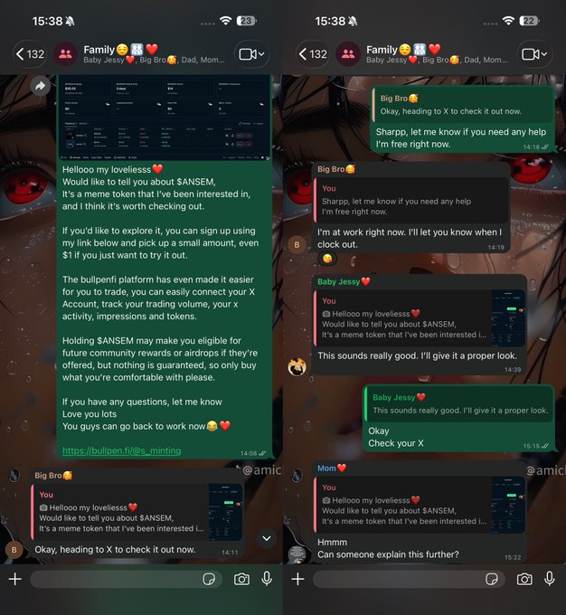 Two side-by-side smartphone screenshots of a family group chat titled 'Family' with messages about a meme token called $ANSEM, including a BullpenFi referral link.