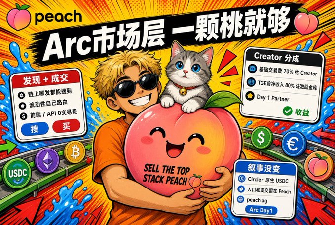Vibrant promotional graphic for 'Peach' featuring anime-style artwork of a man and cat holding a large smiling peach, with text about Arc market tier creator revenue sharing and selling the top stack peach.