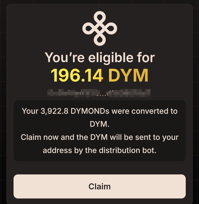 A digital notification showing eligibility to claim 196.14 DYM, with a message indicating that 3,922.8 DYMONDs were converted to DYM, alongside a 'Claim' button.