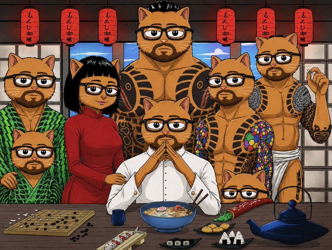 A stylized illustration depicting anthropomorphic cats with muscular human bodies and human features (including glasses and beards) wearing various outfits, gathered around a table with sushi, ramen, Go game, and a teapot in a Japanese setting.