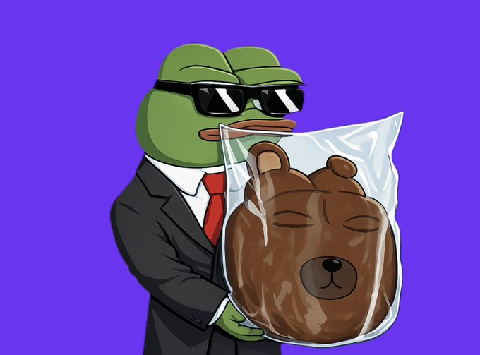 A cartoon illustration of Pepe the Frog wearing a black suit, red tie, and sunglasses, holding a brown teddy bear inside a clear plastic bag against a purple background.