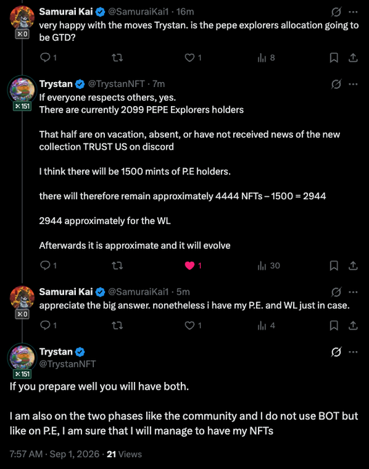 A Twitter/X exchange between @SamuraiKai and @TrystanNFT discussing the PEPE Explorers collection allocation, with Trystan noting ~4444 total NFTs, estimating 1500 mints for current PE holders, leaving approximately 2944 NFTs for WL (allowlist) holders. The bullish post about TrustUsNFT complements this discussion of upcoming NFT allocation and reveal-day anticipation.