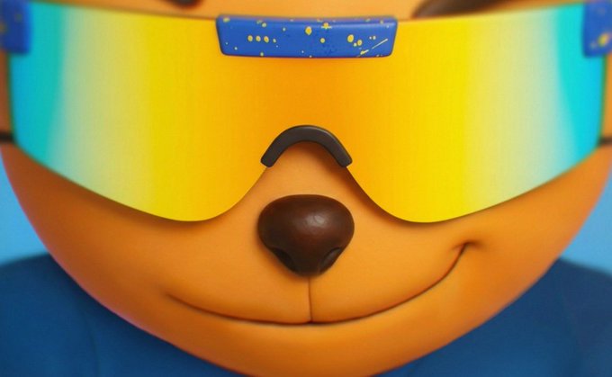 A close-up 3D render of an orange cartoon dog character wearing large yellow-lensed sunglasses with a blue cosmic-patterned top bar, smiling against a blue background.