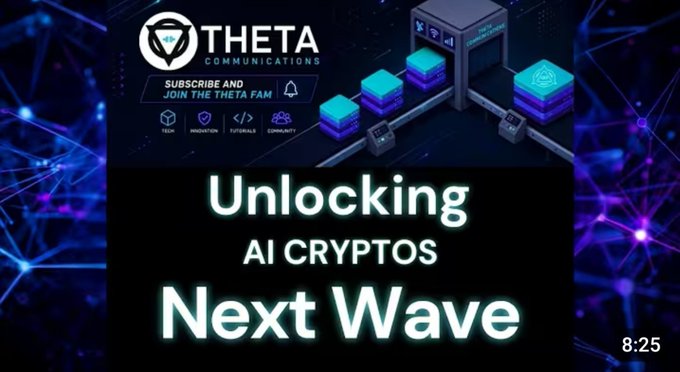 A promotional graphic for Theta Communications displays the headline 'Unlocking AI CRYPTOS Next Wave' against a network background, with a YouTube subscribe banner visible above.