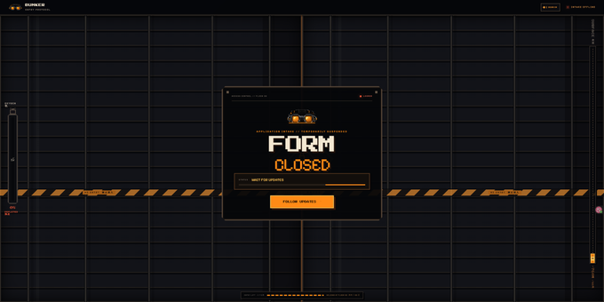 A dark, futuristic interface displaying a 'RUMBLE' branded pop-up window that reads 'FORM CLOSED' with a 'FOLLOW UPDATES' button, set against a gridded background with hazard stripes.