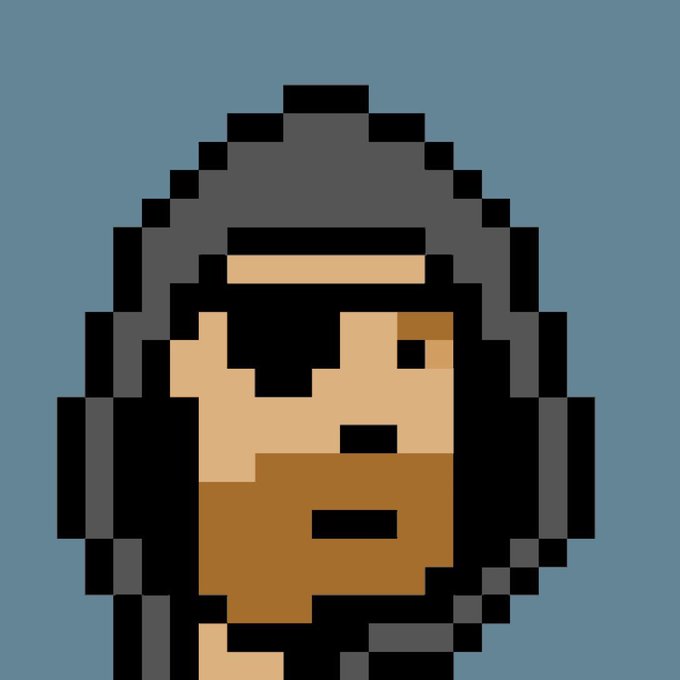A pixel art portrait of a hooded figure with a beard and an eye patch against a teal background.