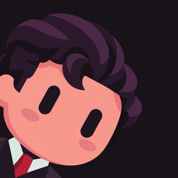 A minimalist cartoon character with purple hair, blank oval eyes, and pink blush wearing a black suit and red tie against a dark background.