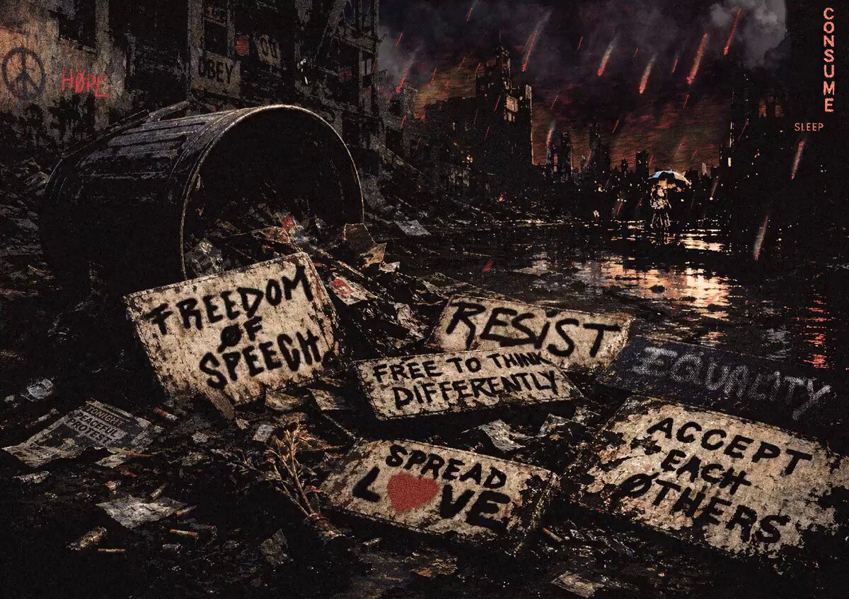The image features a large pile of protest signs, including "Free speech" and "Resist", scattered across a city street. The signs are written in white chalk or spray paint, with some of them being upside down. The text on the signs reads "spread love", "accept others", and "@kendtran229". The image also includes a caption that says "Sold out! A huge thank you to everyone who minted and to @kendtran229 for grabbing the last one Hope in sight."