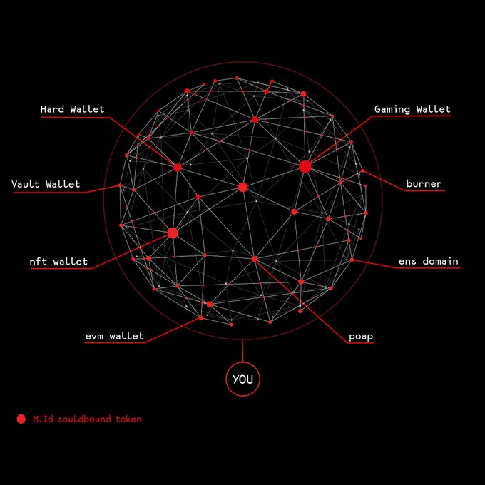 A network diagram on a black background shows a sphere of interconnected nodes labeled with terms like 'Hard Wallet', 'Gaming Wallet', 'nft wallet', and 'M.Id soulbound token' at the center marked 'YOU'.