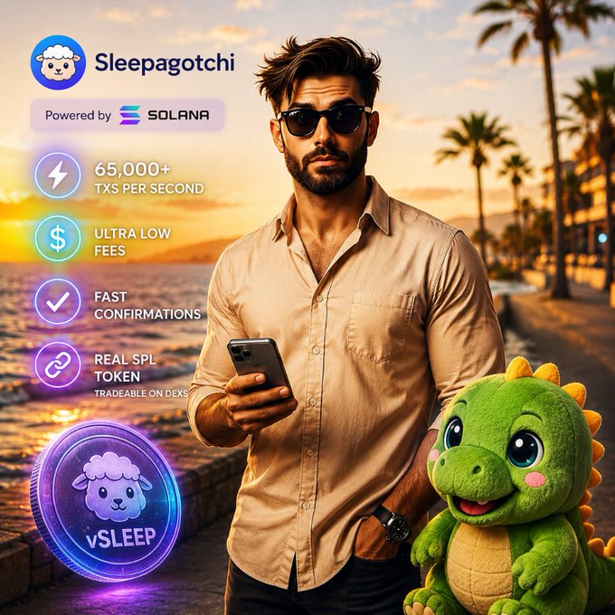 The image features a man standing next to a stuffed animal, possibly a green dinosaur or a teddy bear, holding a cell phone. The background of the image shows palm trees and water, suggesting that they are at a beach or near the ocean. There is also text in the image related to sleep tracking apps like Sleepagotchi, which might be about the man's experience with using such an app.