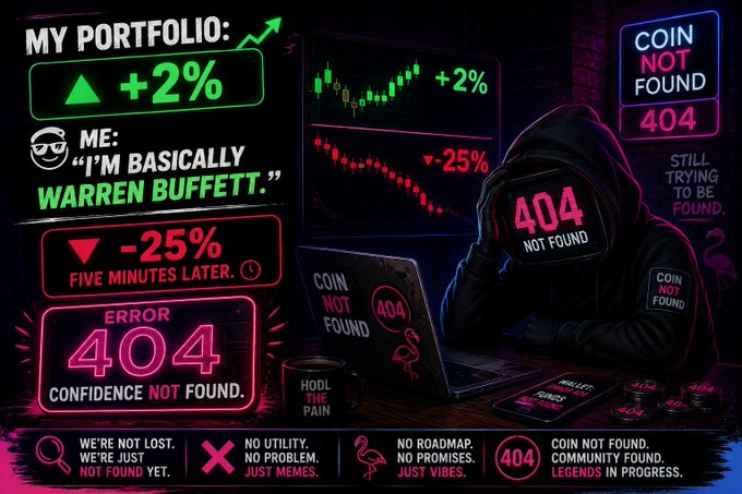 A crypto-themed meme illustration featuring a hooded figure with a '404 NOT FOUND' face, surrounded by panels referencing portfolio gains and losses, including text like 'MY PORTFOLIO: +2%', 'ME: I'M BASICALLY WARREN BUFFETT.', 'ERROR 404 CONFIDENCE NOT FOUND.', and 'COIN NOT FOUND'.