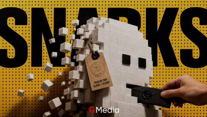 A promotional graphic featuring a cube made of sugar with a tag reading 'SEALED BID 8,000/10,000' against a yellow background with bold 'SNARKS' text and a 'Q.Media' logo.