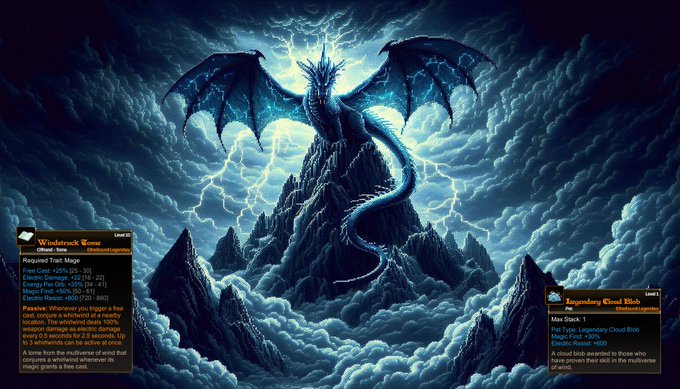 A fantasy RPG-style screen featuring a blue dragon on a mountain peak during a thunderstorm, with item descriptions for a 'Windstruck Bone' and 'Legendary Cloud Block' visible.