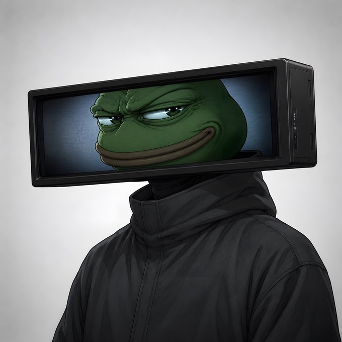 A figure in a black hooded jacket sports a rectangular screen as a head displaying the classic Pepe the Frog meme with a smug sideways glance, matching the "Screenz" NFT trait described in the post.