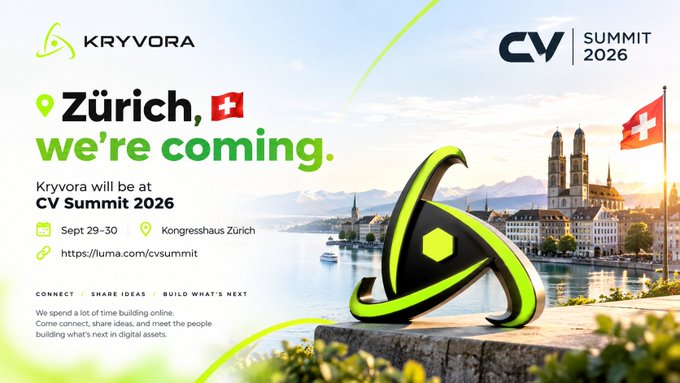 An event announcement graphic for Kryvora attending CV Summit 2026 in Zürich, Switzerland, on Sept 29-30 at Kongresshaus Zürich, with a green triangular logo and Swiss flag.