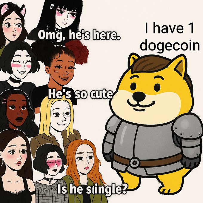 A group of women react to a Dogecoin character who announces, "I have 1 dogecoin." One woman asks, "Is he single?"