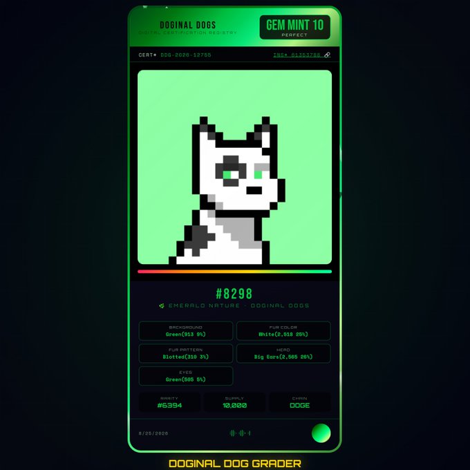 A digital collectible card for 'Doginal Dogs' showing a pixel art dog labeled #8298 'Emerald Nature', classified as 'GEM MINT 10 PERFECT' with various trait percentages and rarity stats.