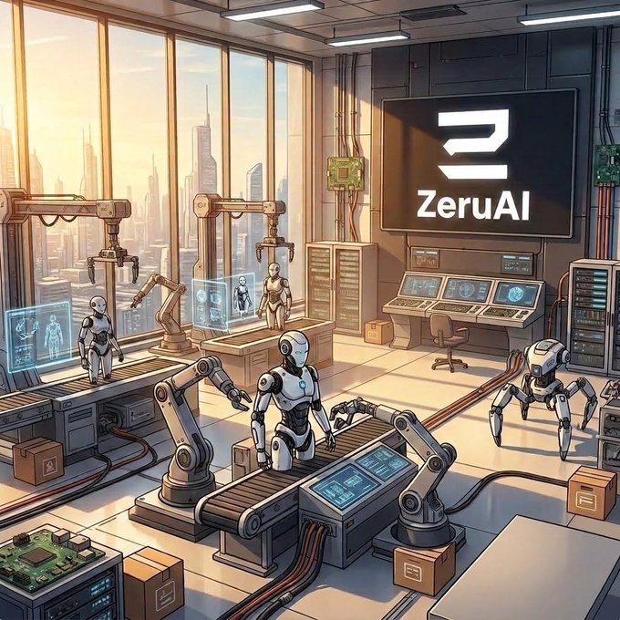 A digital illustration of a high-tech robotics workshop featuring humanoid robots and robotic arms on a conveyor belt, with a large screen displaying the logo 'ZeruAI' against a backdrop of city skyscrapers.
