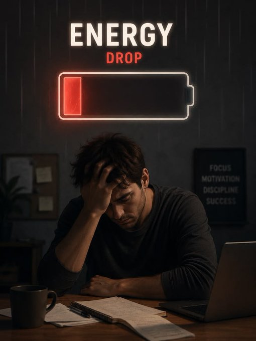 A man sitting at a desk looking exhausted with his head in his hand, with a low battery icon and the text 'ENERGY DROP' above him, and a sign on the wall reading 'FOCUS MOTIVATION DISCIPLINE SUCCESS'.
