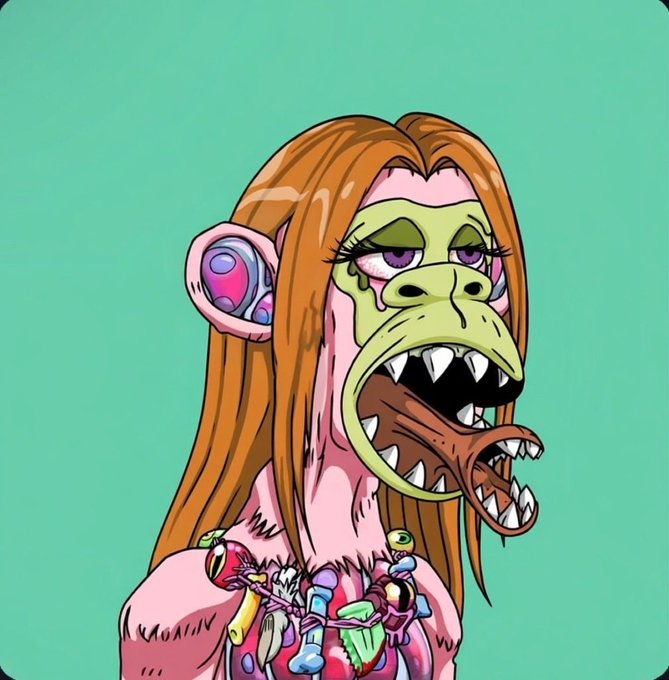 A cartoon portrait of a grotesque female ape-like creature with long orange hair, bulging eyes, sharp teeth, and a colorful beaded necklace against a teal background.