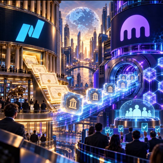 The image depicts a futuristic financial metropolis featuring the Nasdaq "N" logo and Kraken's octopus-like emblem on towering skyscrapers, with glowing bank icons, dollar bills, and verification checkmarks symbolizing the tokenization of stocks, visually representing Nasdaq's $100 million investment in Payward to bring onchain tokenized shares with voting rights to the market.