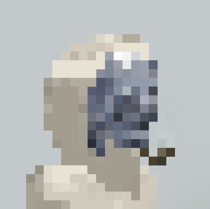 A pixel art profile view of a hooded figure rendered in blocky, low-resolution JPEG style, wearing a white robe with a deep blue shaded face area, set against a pale gray-blue background — fitting the aesthetic of a highly compressed, collectible JPEG NFT that the poster acquired.