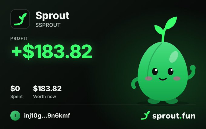 Screenshot of the Sprout ($SPROUT) meme token on sprout.fun showing a profit of +$183.82, with $0 spent and $183.82 worth now, featuring a cute animated green sprout character.