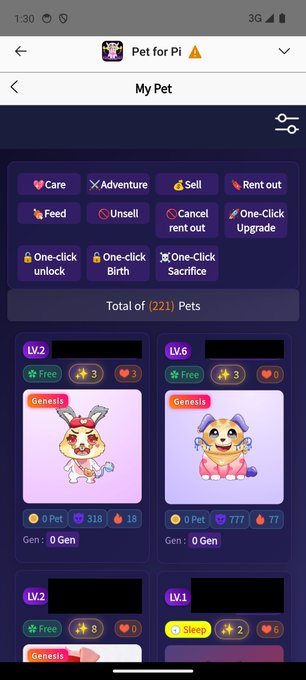 A 'Pet for Pi' mobile app screen showing 'My Pet' with action buttons (Care, Adventure, Sell, etc.) and pet cards including Genesis-level creatures labeled 'Pet' and '777'.