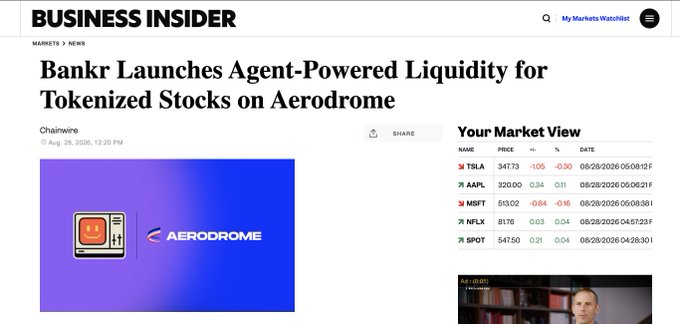 A Business Insider Markets article titled "Bankr Launches Agent-Powered Liquidity for Tokenized Stocks on Aerodrome" from Chainwire (Aug 28, 2026), with a sidebar showing tickers TSLA (-1.05%), AAPL (+0.34%), MSFT (-0.84%), NFLX (+0.03%), and SPOT (+0.21%)—illustrating the post's point that rather than competing with Bankr's automated agent, other platforms are integrating or building alongside it to remain relevant.