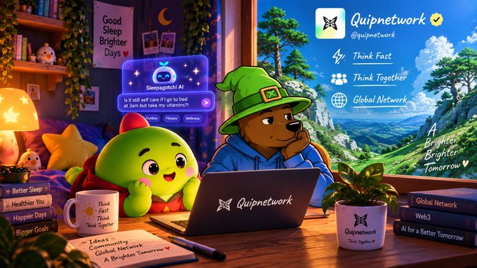 A colorful promotional image for "Quipnetwork" featuring a bear in a green hat using a laptop next to a green character, surrounded by positive messages like "Good Sleep Brighter Days" and "Think Fast."