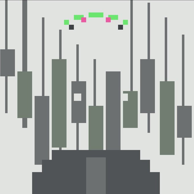 A pixel art image of a character with a green leafy crown and pink flowers standing behind a dark, gray candlestick-style chart pattern.