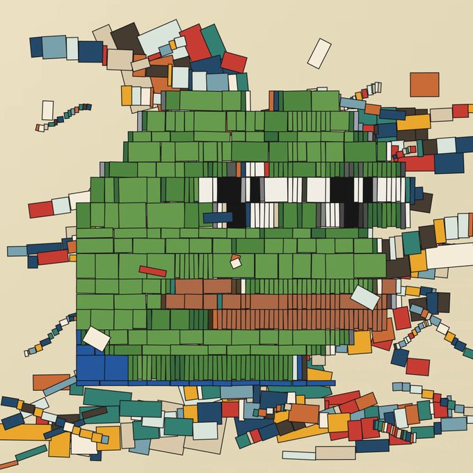 Pixel art illustration of a large green blocky character (resembling a Minecraft slime) surrounded by scattered colorful rectangular blocks on a beige background.