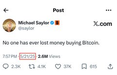 The image shows a Twitter post by Michael Jackson, which includes a link to his status. The text on the post reads, "No one has ever lost money buying Bitcoin. 757pm - 5/21/25 - 2m viewed - 2k likes". This information seems relevant and supports the claim that Bitcoiners are not experiencing any losses in terms of financial gains from purchasing Bitcoin.