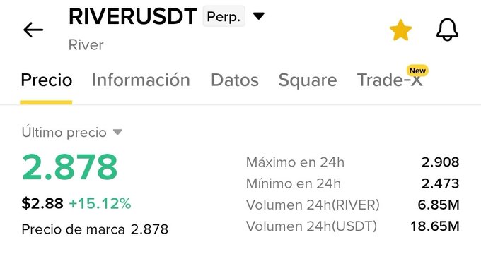 A cryptocurrency price screen showing RIVERUSDT Perp at $2.878, up 15.12%, with 24h volume of 6.85M RIVER and 18.65M USDT.
