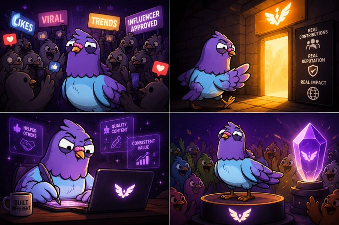 Four-panel cartoon illustration of purple pigeons depicting social media influence themes: 'Likes, Viral, Trends, Influencer Approved,' 'Real Contributions, Real Reputation, Real Impact,' 'Helped Others, Quality Content, Consistent Value, Built Different,' and a pigeon on a pedestal before a crystal.