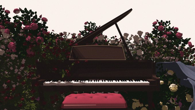 A grand piano sits nestled among lush, blooming rose bushes, its lid open as if ready to play its final song, perfectly capturing the melancholic beauty of a "last symphony." A plush pink tufted bench rests before the keys, inviting one last performance before the music fades.