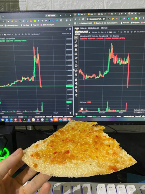 The image shows a person holding up a slice of pizza, with a computer monitor displaying stock market graphs behind them. The person's hand is positioned over the pizza, while the computer screen displays various stock price data points. This scene suggests that someone might be using their computer for financial analysis or tracking stock prices while enjoying a meal.