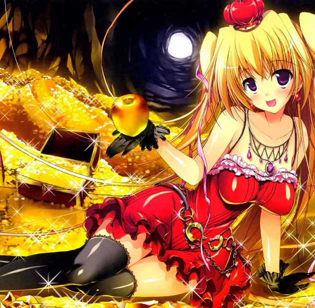 An anime-style illustration depicts a blonde-haired girl in a red dress holding a glowing golden apple amid a treasure-filled cave with an open chest. The image visually connects to the post's playful theme by embodying a "waifu"-style aesthetic, appealing to the diverse audience the post invites to explore the Cambria platform via the provided lobby code "WAGMI."