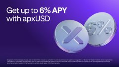 The image features a purple background with two coins, one silver and one gold. They are placed close together, overlapping each other. In front of these coins, there's text that reads "Get up to 6% APY with APXUSD". Below this, another set of coins is also visible in the same position on the purple backdrop as the first pair.