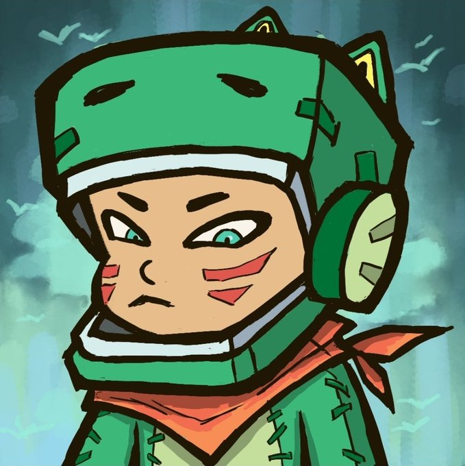 The image features a cartoon character wearing a green helmet with goggles and a red bandana around their neck. The character appears to be a young boy or a girl dressed up as a robot for fun. There are several birds flying in the background, adding to the overall atmosphere of the scene. The caption below the image provides information about the post where it was shared, including the website address and the number of likes received on the post.