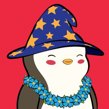 A cute cartoon penguin wearing a wizard hat with stars and a blue flower lei against a red background.