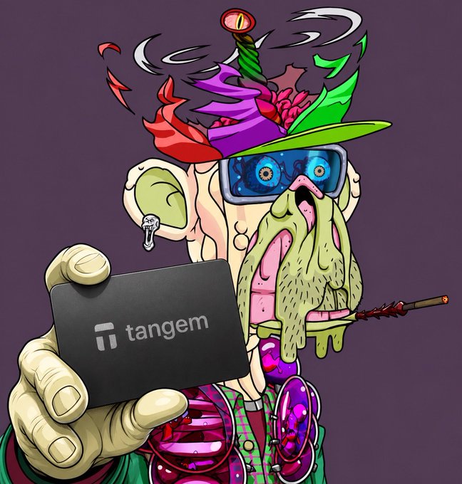 A cartoon illustration depicts a grotesque character with exaggerated features, red eyes behind futuristic sunglasses, wild green and purple hair, and a cigarette in mouth, holding a black card labeled 'tangem'.
