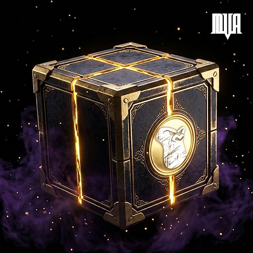 A 3D rendering of an ornate dark treasure chest with gold trim, glowing orange cracks, and a gold medallion featuring a silhouette, set against a purple cosmic background with an "MUA" logo in the corner.