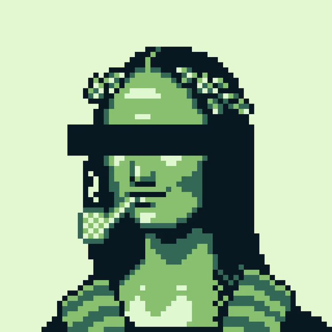 A pixel art portrait in shades of green depicts a Mona Lisa–style figure wearing a headband with the number "2" displayed, blending the iconic Renaissance subject with a modern collector's flex. The image ties directly to the post by showcasing the "Caesar Mona Lisa" NFT artwork from *The Florentines* collection by @cartyisme, building anticipation for the upcoming *Galleria* drop.